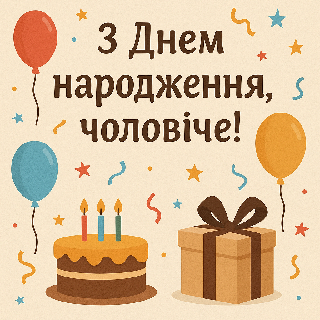 З Днем народження, чоловіче — святкова листівка з кульками, тортом і подарунком